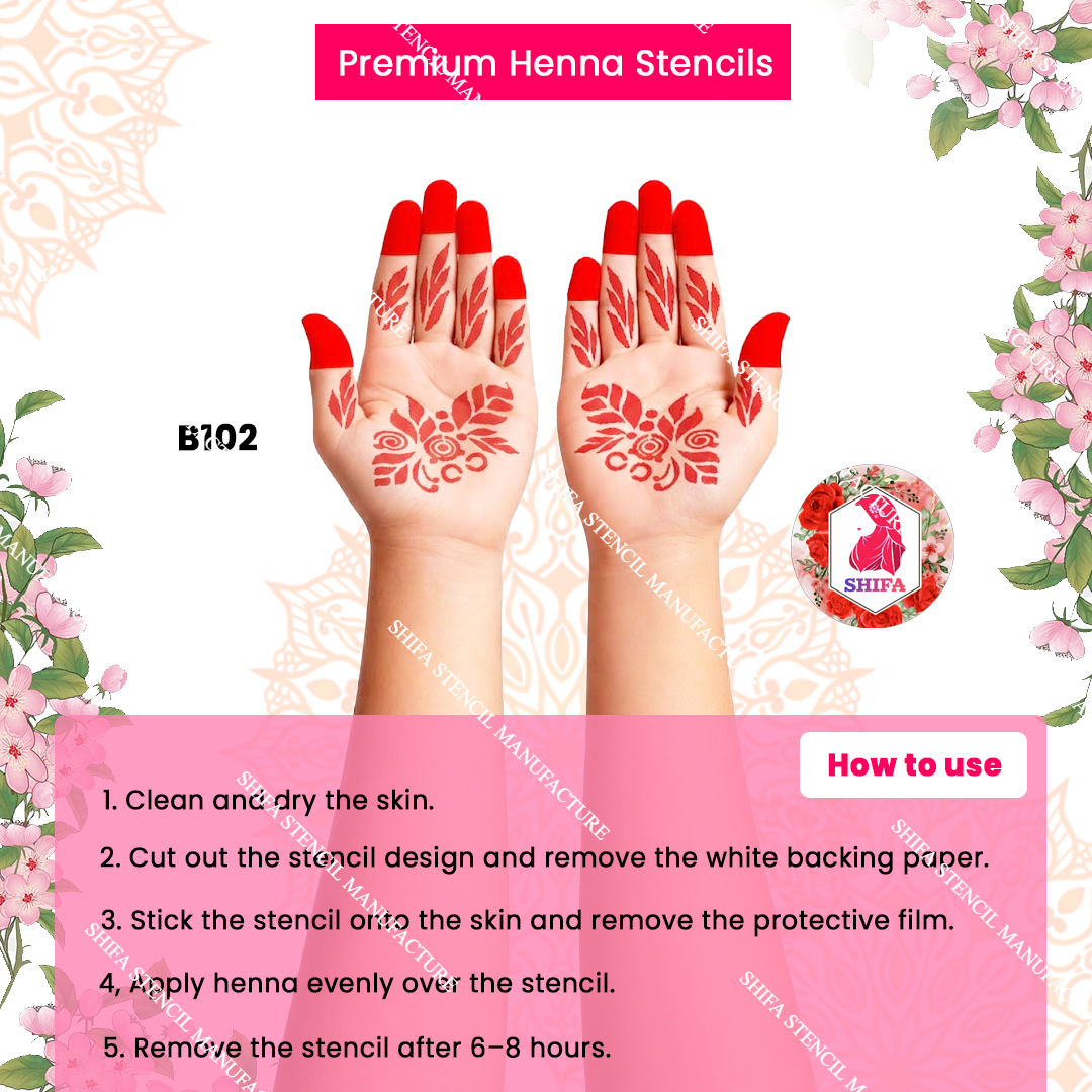 B102 (age 5 to 10)  5 to 10 Emerald Swirl Bloom double hand Henna Stencil
